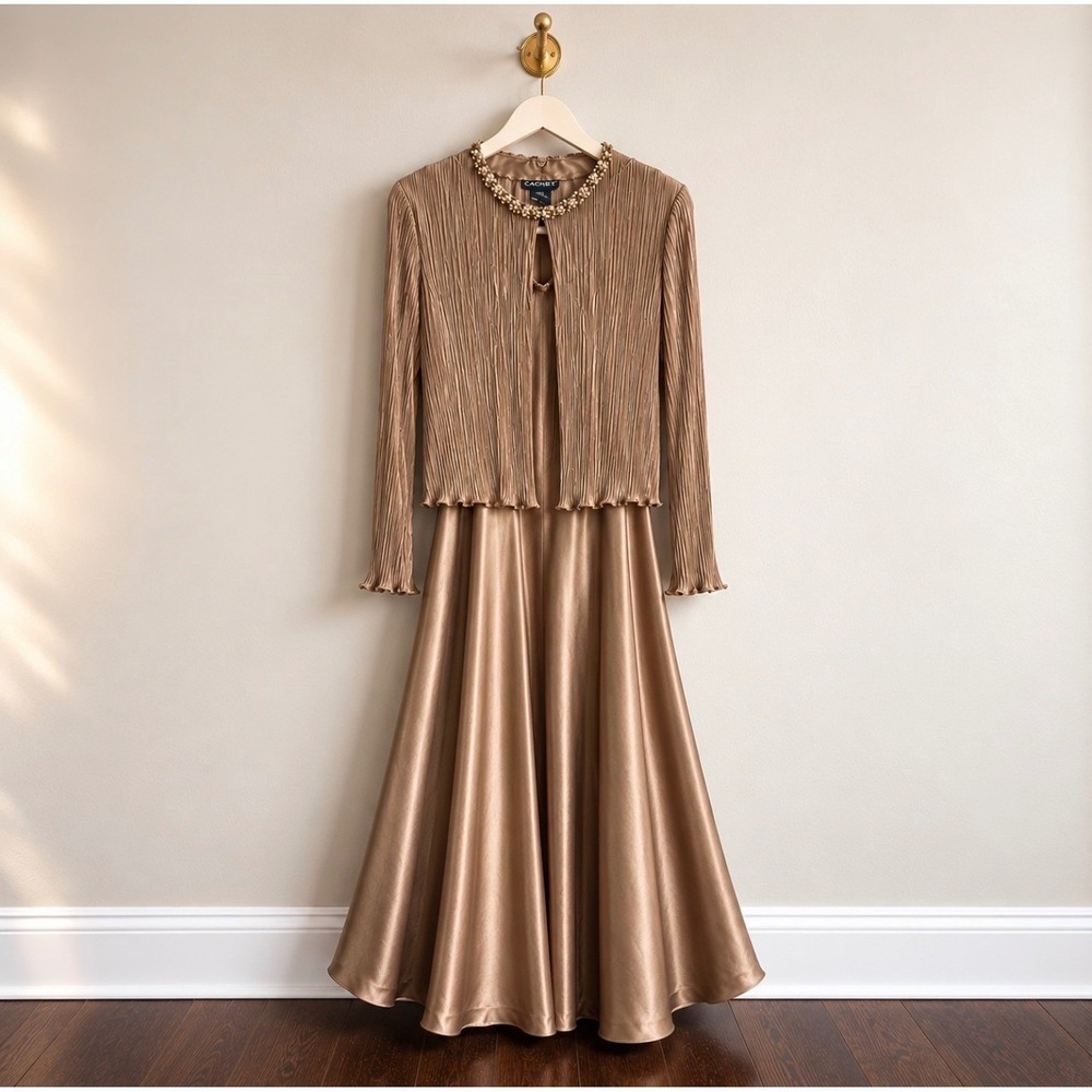 Cachet Womens 2 Piece Formal Maxi Dress and Beaded Pleated Jacket Set Copper 10